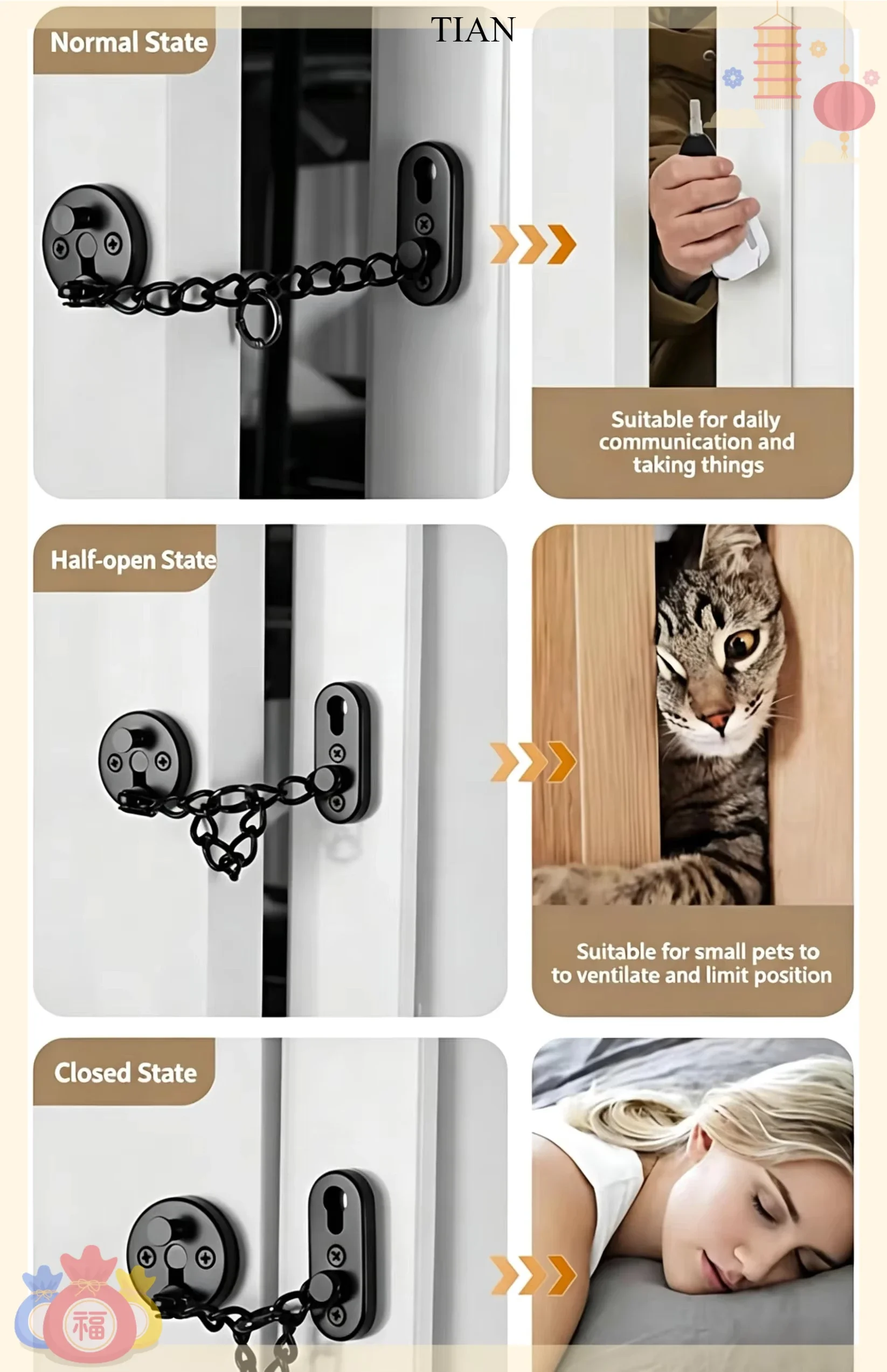 TIAN กลอนประตูแบบโซ่ ล็อคนิรภั - Security Chain Door บทวิจารณ์และราคา